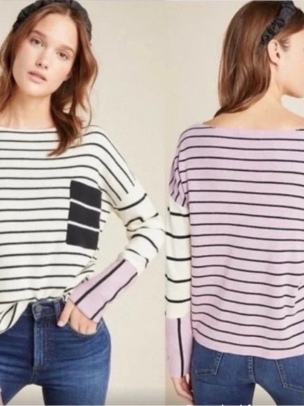 Anthropologie Faye Colorblock Sweater Purple Cream Striped Size M